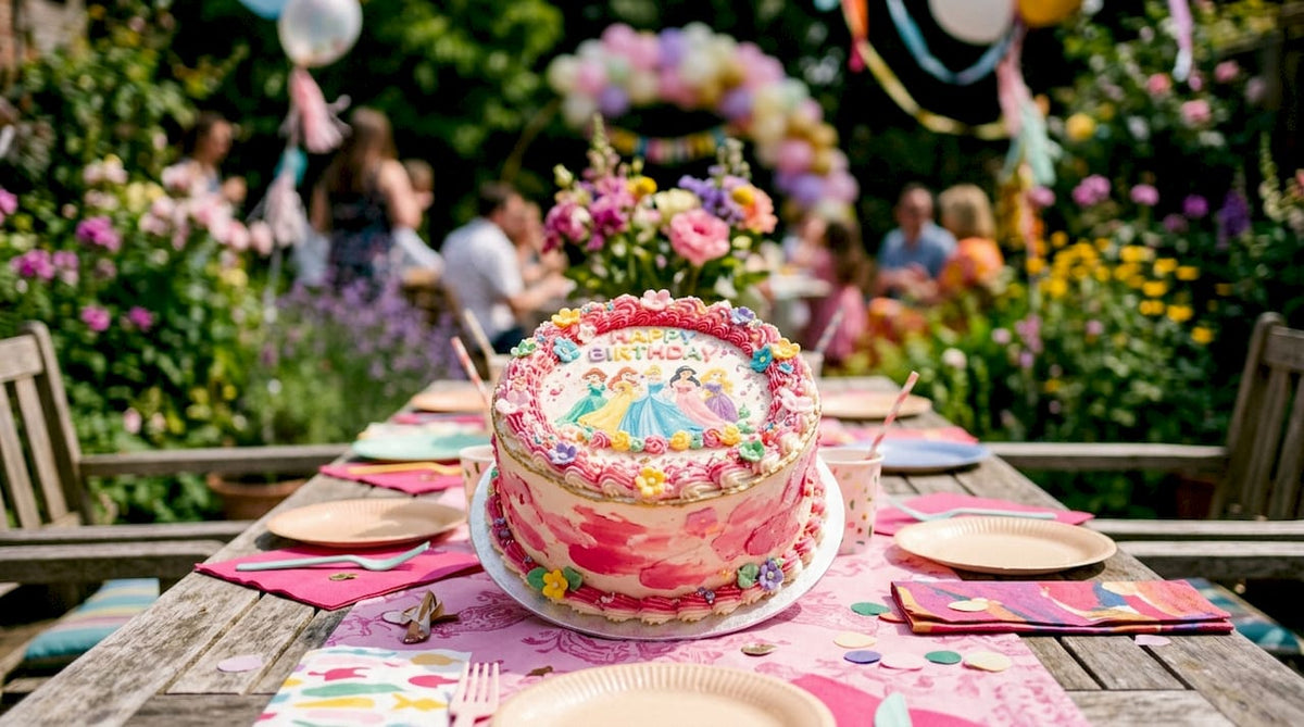 Tarta decorada con temática de princesa, presentada sobre la mesa de la fiesta y adornada con oblea comestible.