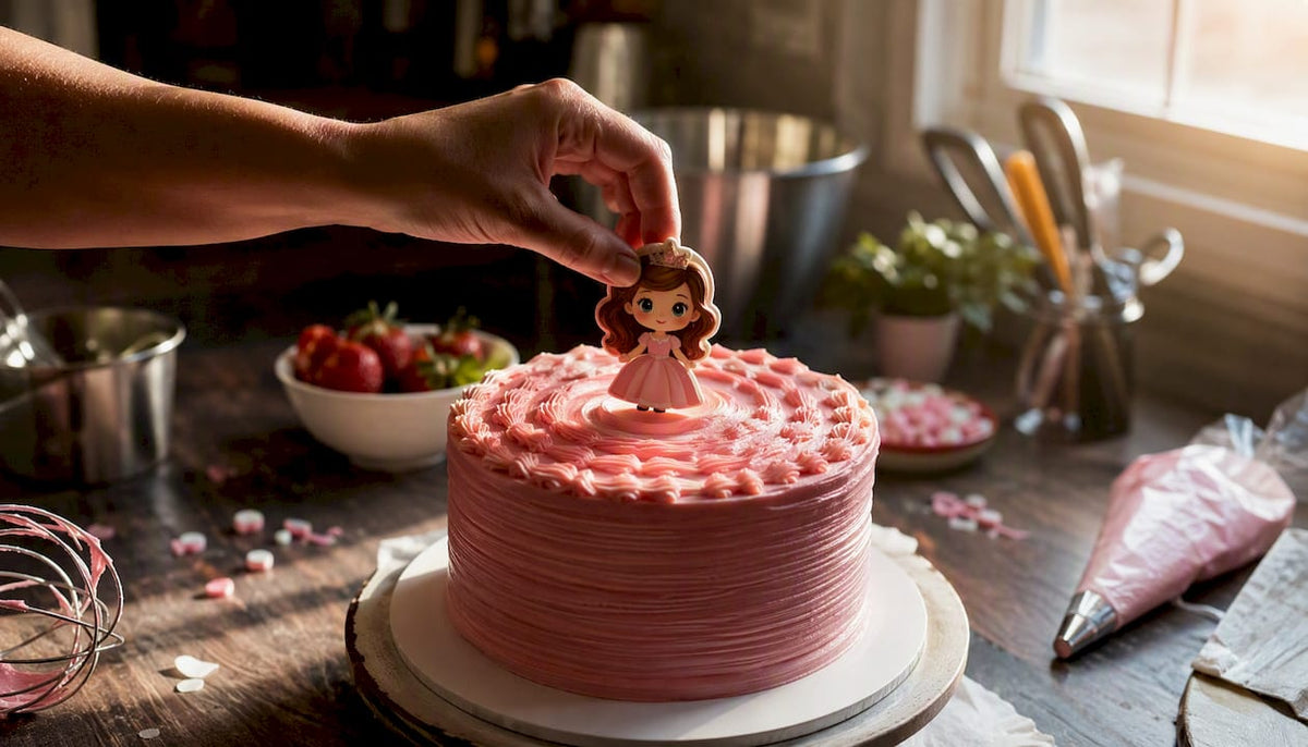 Mão a colocar uma folha decorativa com uma personagem em cima do bolo