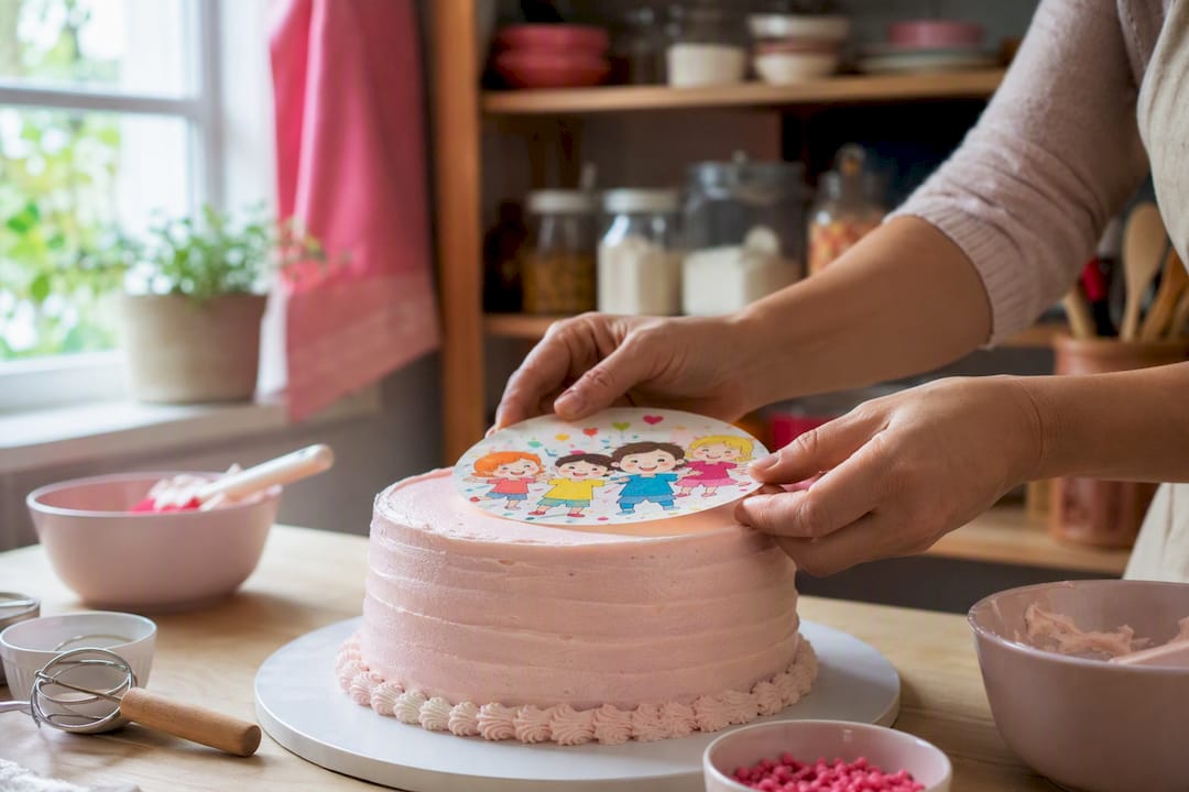 Unas manos colocando una lámina comestible sobre un pastel