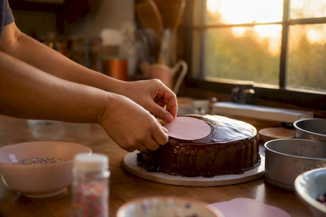 Unas manos colocando una oblea personalizada con un nombre sobre una tarta