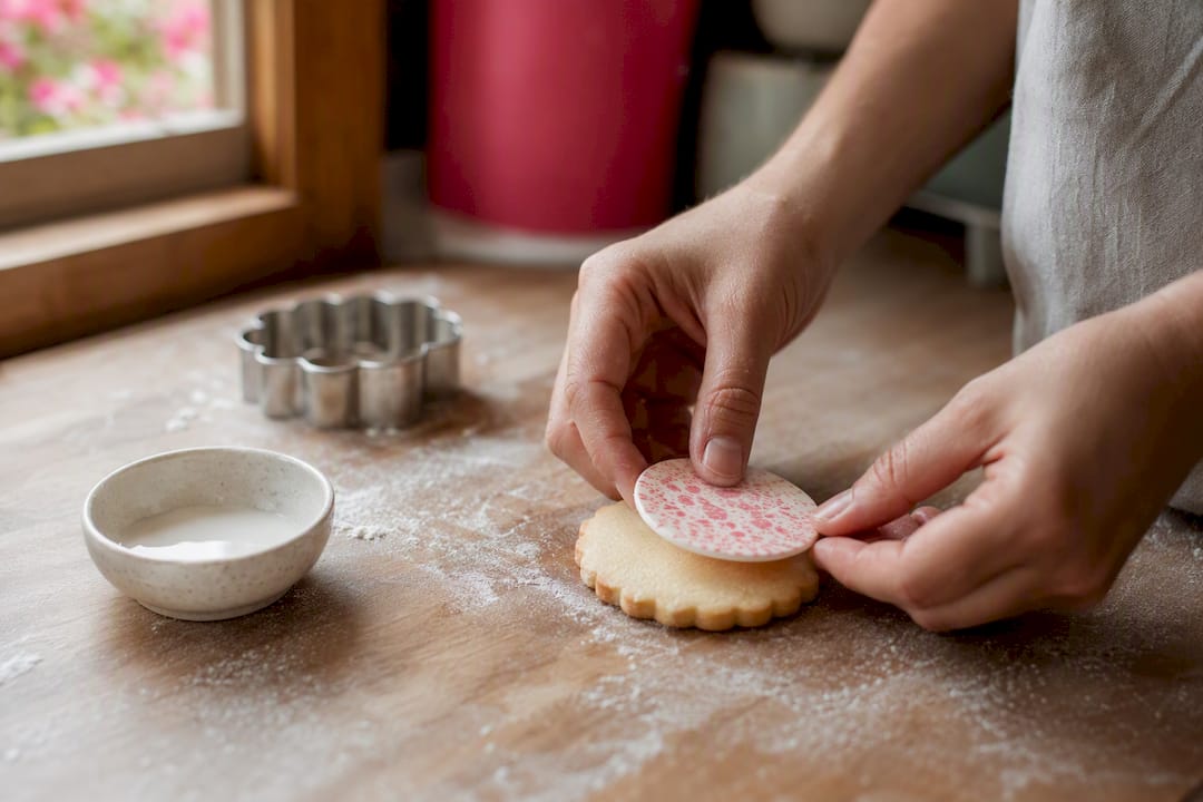 Manos colocando una oblea comestible sobre una galleta