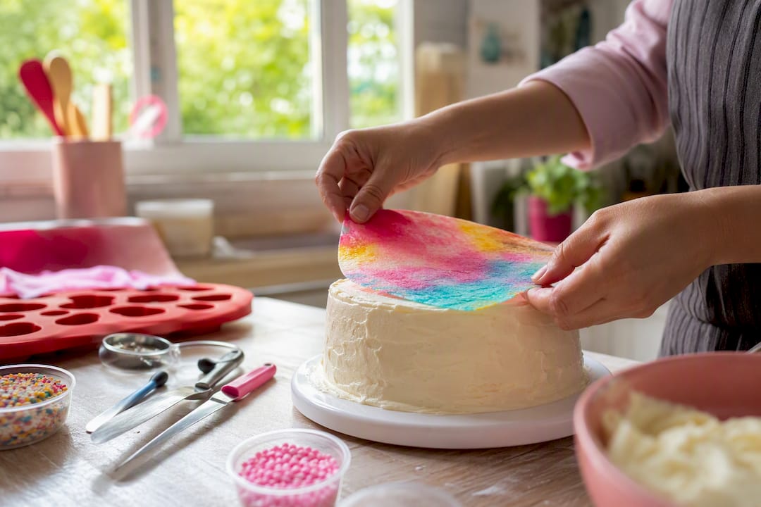 Manos colocando rápidamente una oblea comestible sobre un pastel