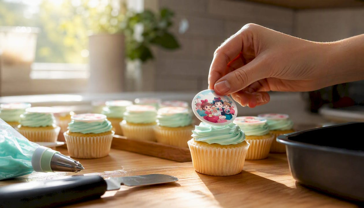 Mão a colocar uma imagem comestível num cupcake