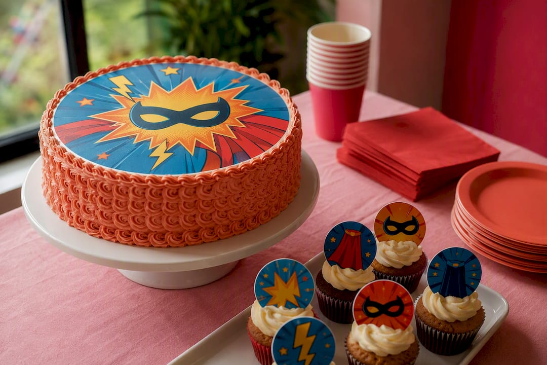 Tarta de cumpleaños con obleas de superhéroes