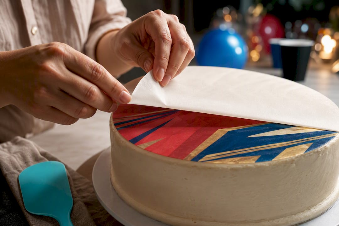 Aplicação de papel comestível numa tarte temática