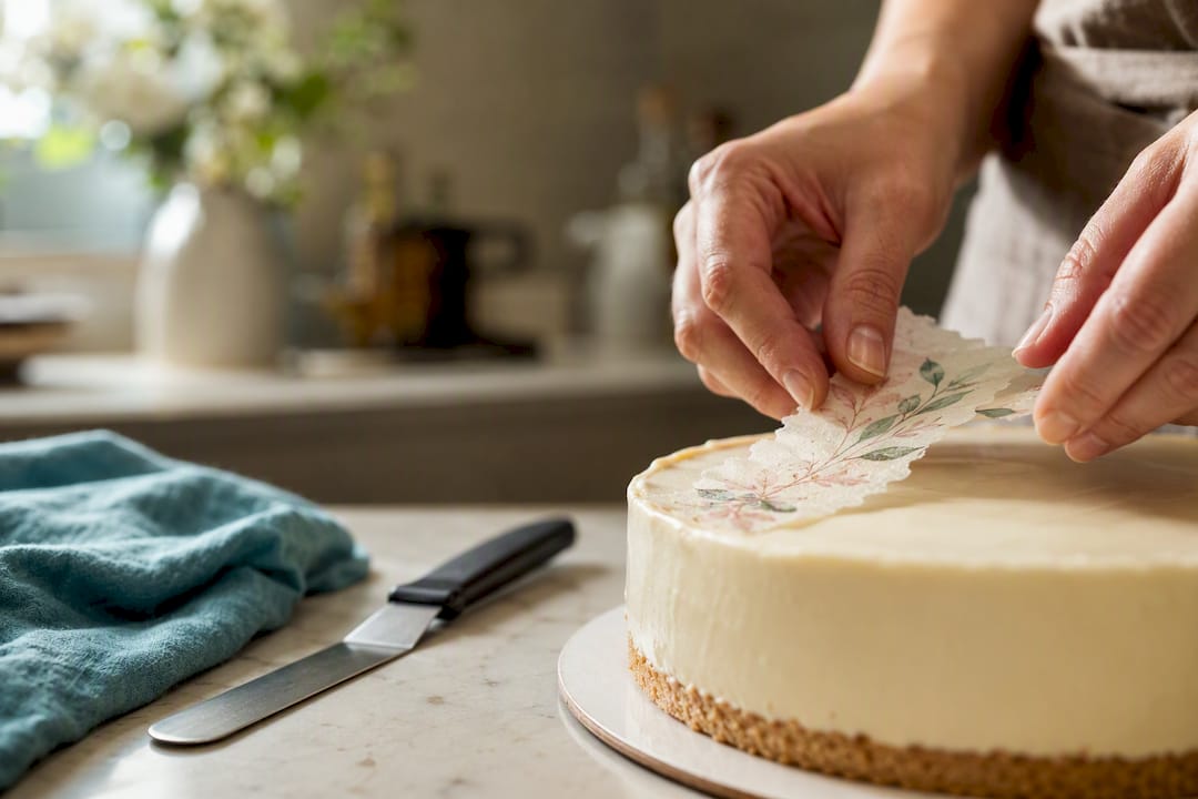 Aplicação de folha comestível numa tarte