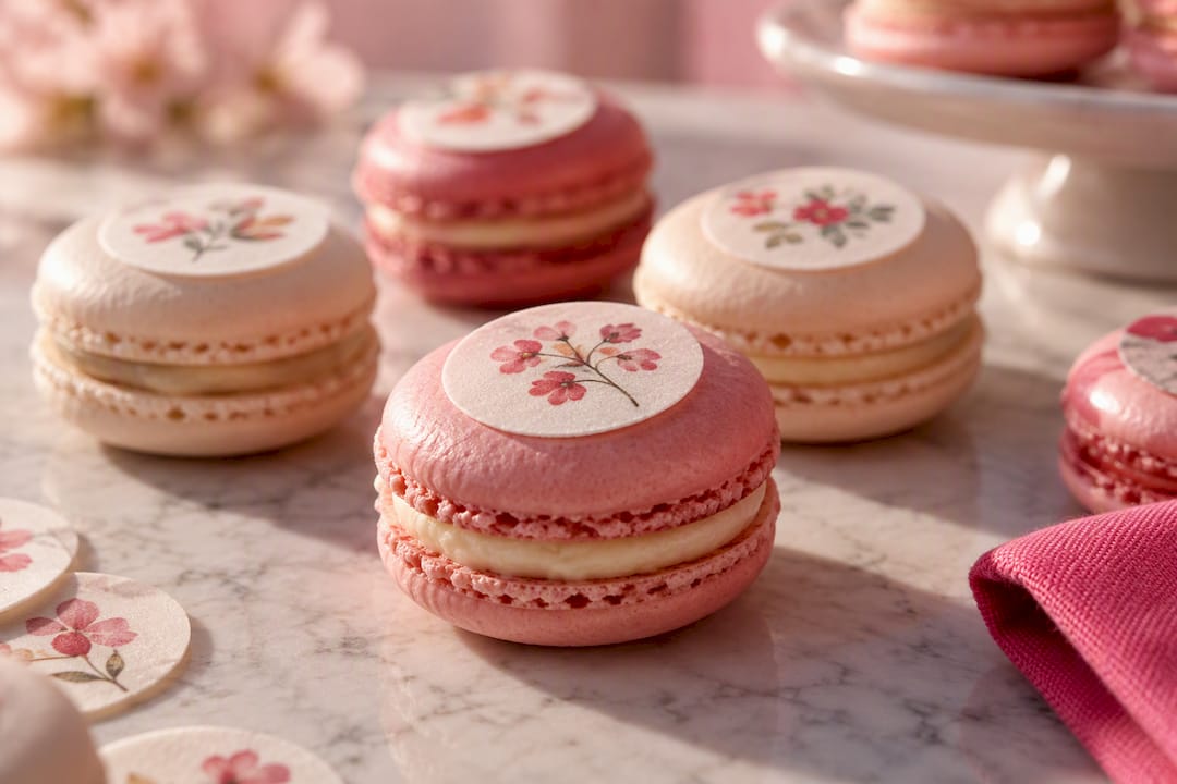 Macarons adornados con pequeños discos de oblea