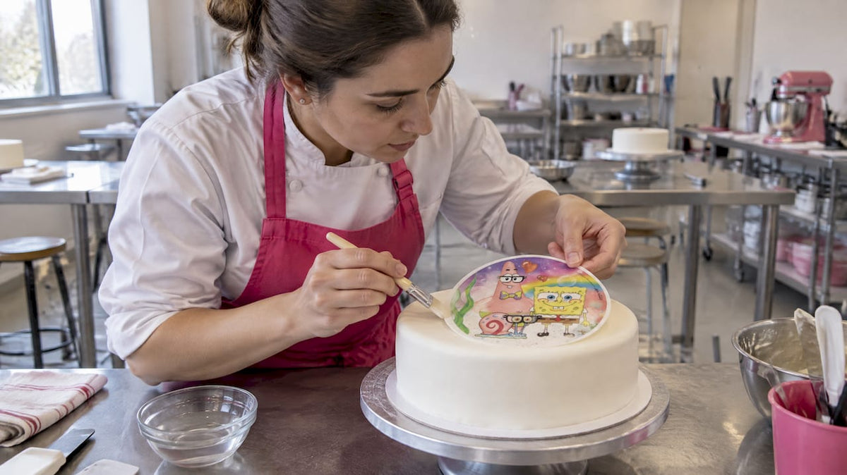 Poner la oblea sobre el fondant humedecido