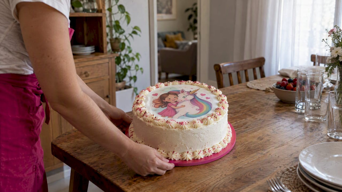 Tarta decorada con papel de azúcar en tonos sombra