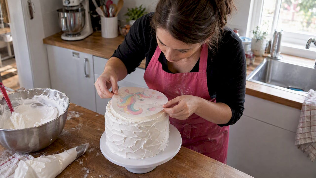 La repostera sitúa una oblea sobre el merengue firme