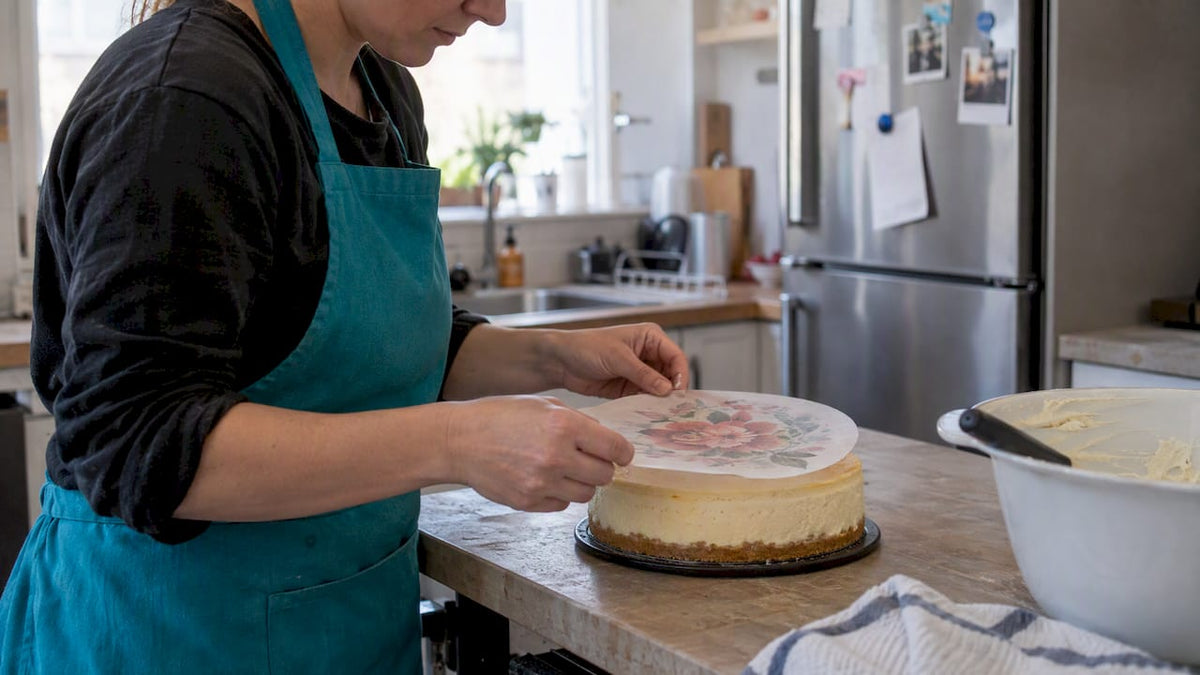 Mãos a colocar papel de açúcar no cheesecake