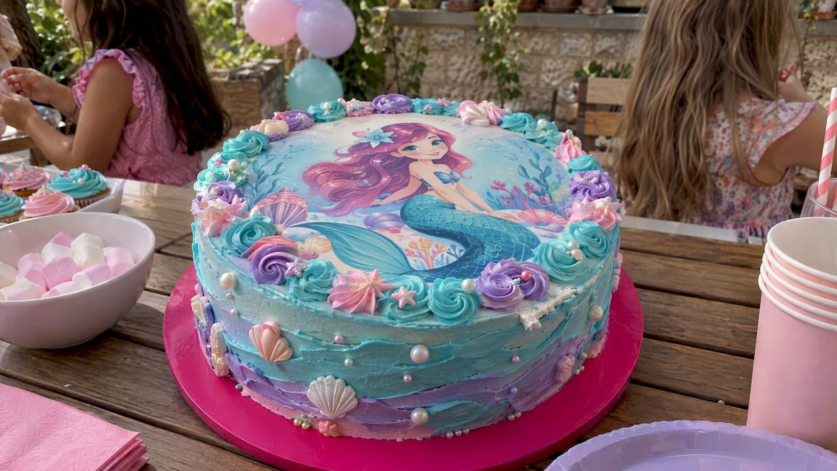 Pastel de cumpleaños con decoración comestible de sirena