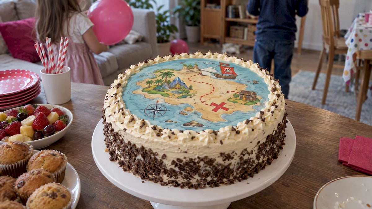 Pastel de cumpleaños con oblea de mapa pirata