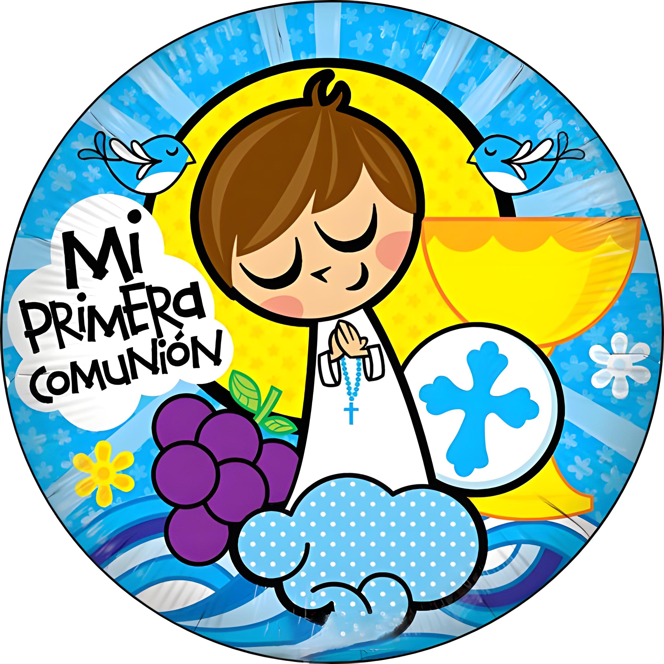Imagen comestible redonda para Primera Comunión de niño con diseño azul, niño rezando, cáliz dorado, uvas y cruz religiosa para tartas