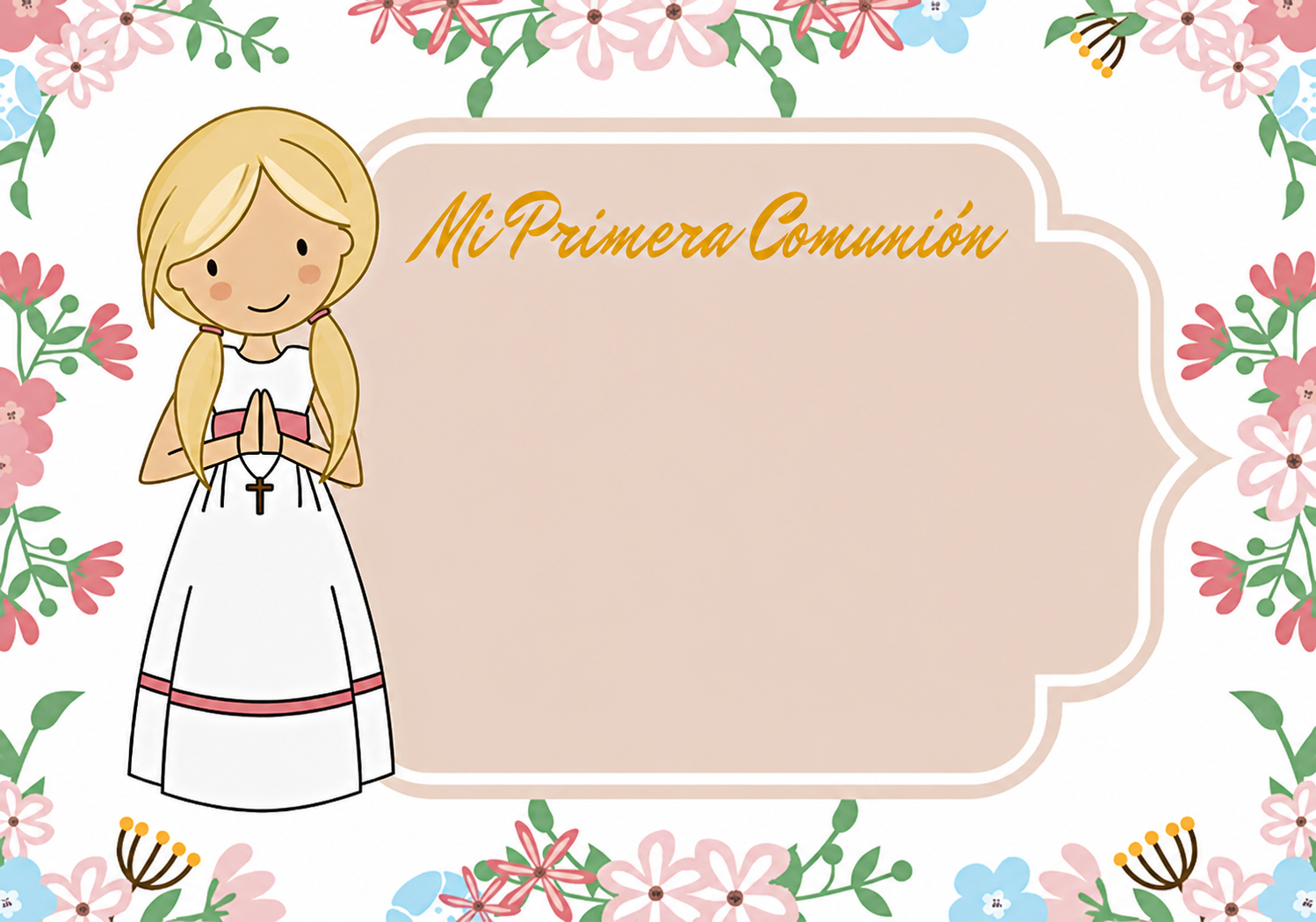 Imagen para pastel de Primera Comunión personalizada con niña rezando, flores rosas románticas y decoración elegante para comunión