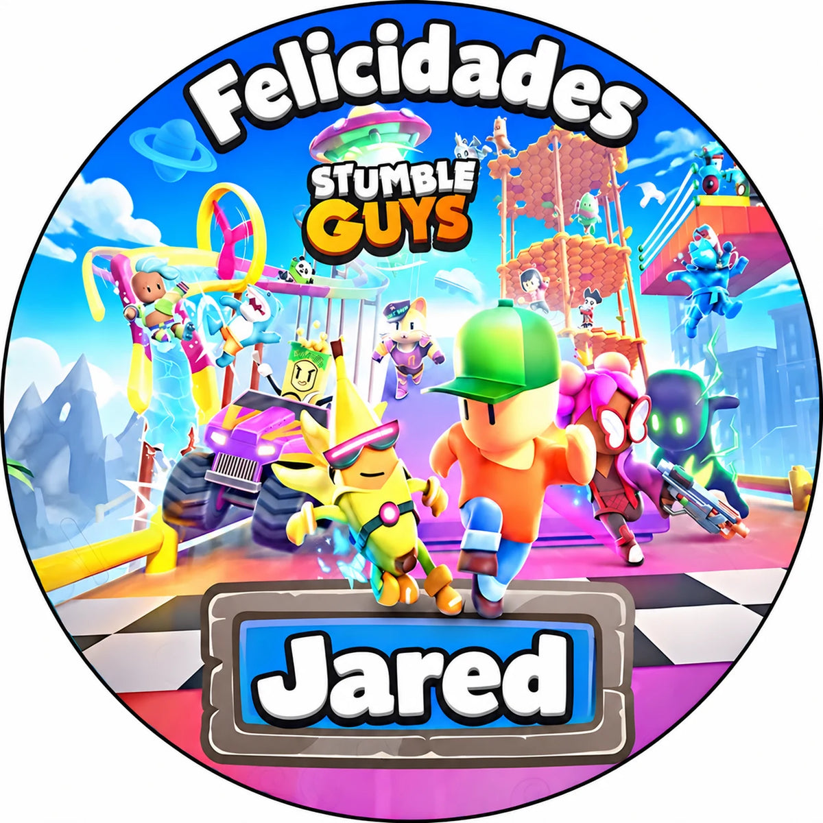 Diseño de Stumble Guys personalizable para decorar tartas y cupcakes.