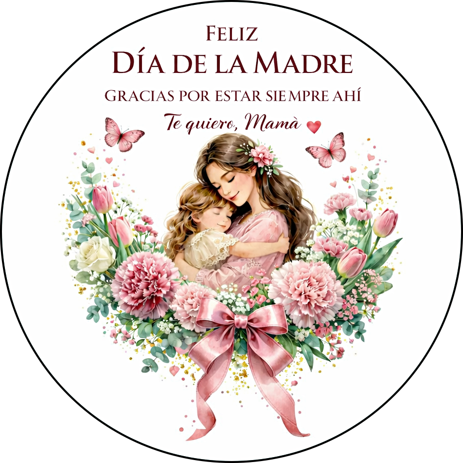 Imagen comestible Día de la Madre con madre e hija abrazadas, decoración floral rosa para tarta, papel de azúcar u oblea