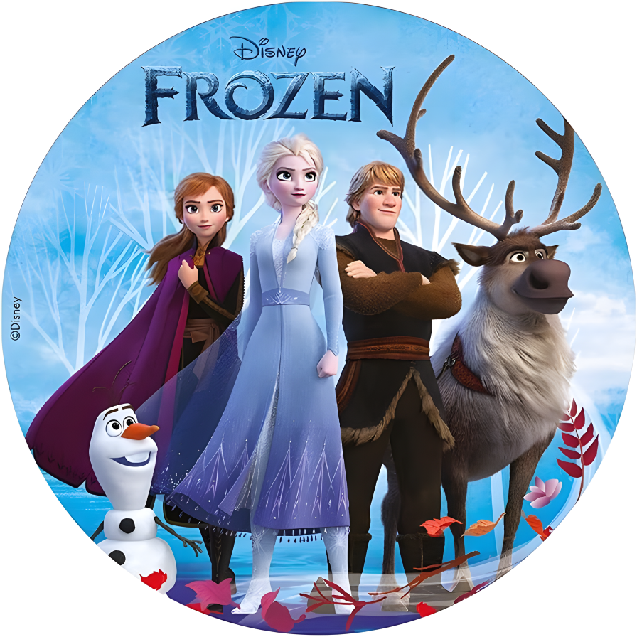 Imagen comestible estilo Frozen para tarta y cupcakes, disponible en formato redondo o rectangular, en oblea o papel de azúcar, personalizable con texto