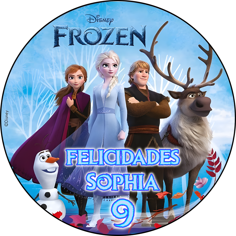 Imagen comestible estilo Frozen para tarta y cupcakes, disponible en formato redondo o rectangular, en oblea o papel de azúcar, personalizable con texto