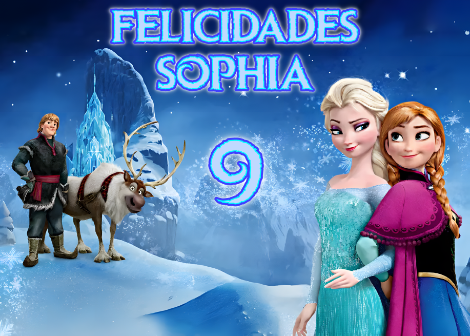 Imagen comestible estilo Frozen para tarta y cupcakes, disponible en formato redondo o rectangular, en oblea o papel de azúcar, personalizable con texto
