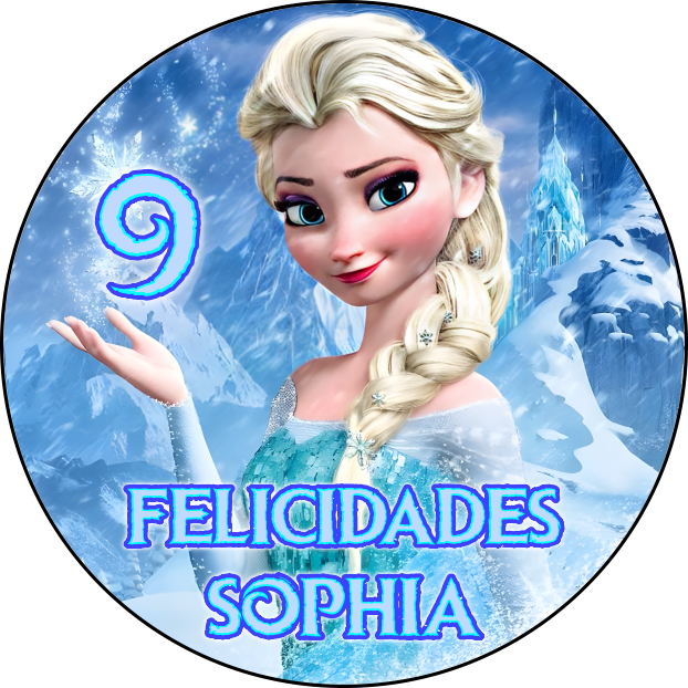 Imagen comestible estilo Frozen para tarta y cupcakes, disponible en formato redondo o rectangular, en oblea o papel de azúcar, personalizable con texto