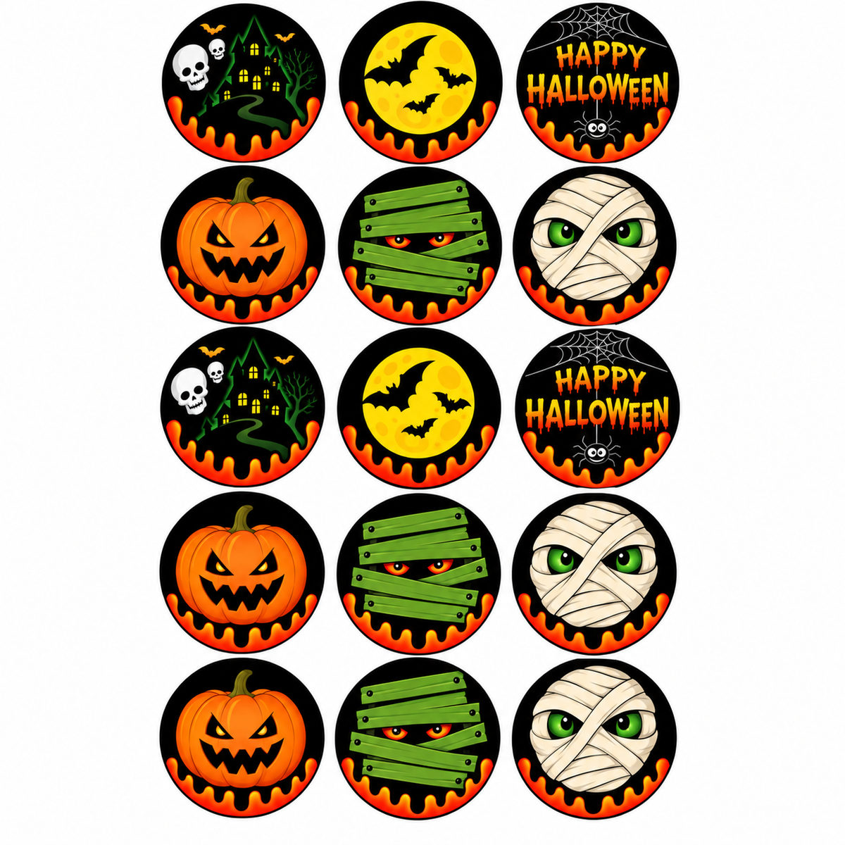 15 círculos de papel de azúcar para cupcakes de Halloween con calabazas, murciélagos y casas encantadas.