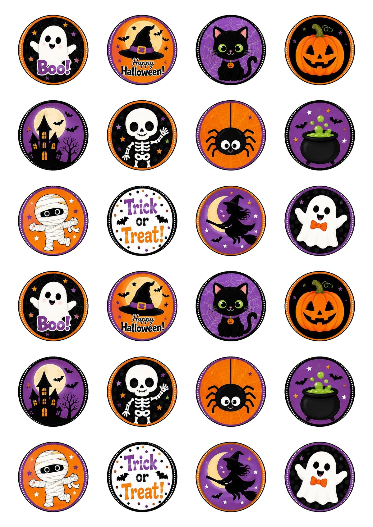 24 obleas comestibles de Halloween con dibujos de calabazas, momias y arañas para decorar cupcakes.