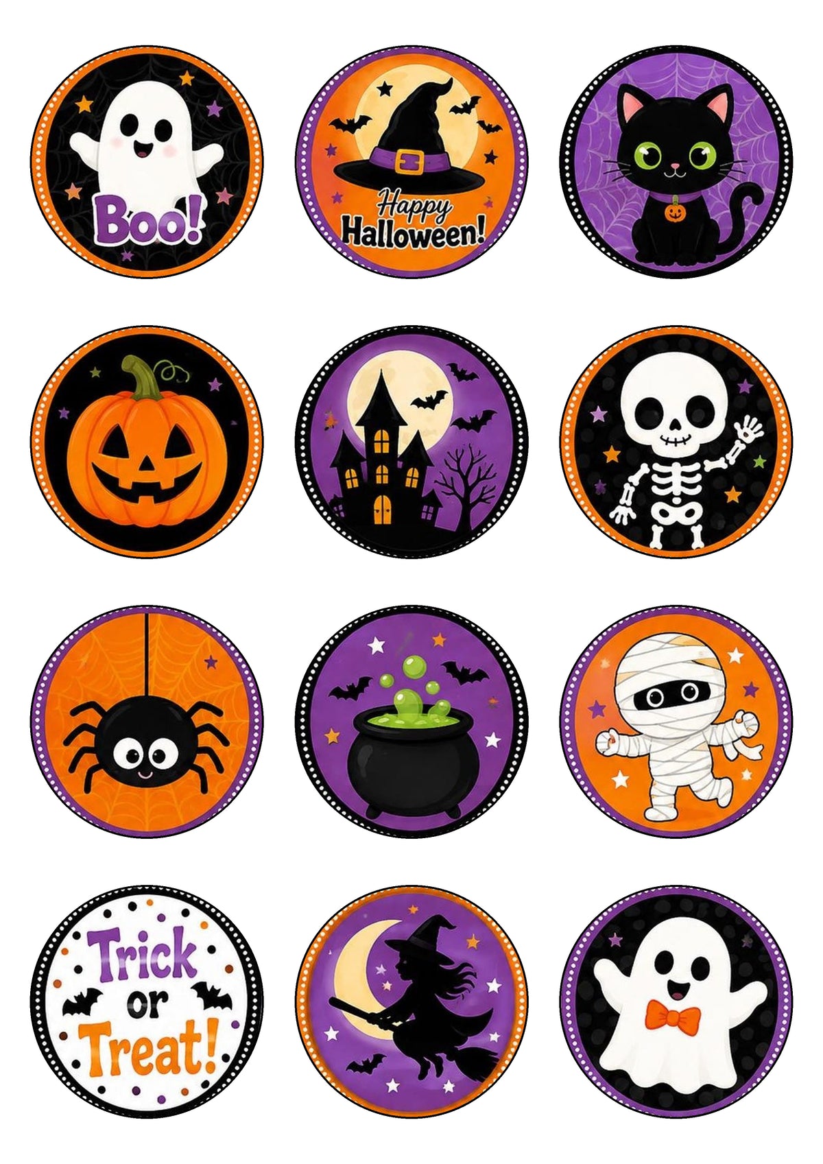 12 círculos de papel de azúcar para cupcakes de Halloween con murciélagos, calaveras y casas encantadas.
