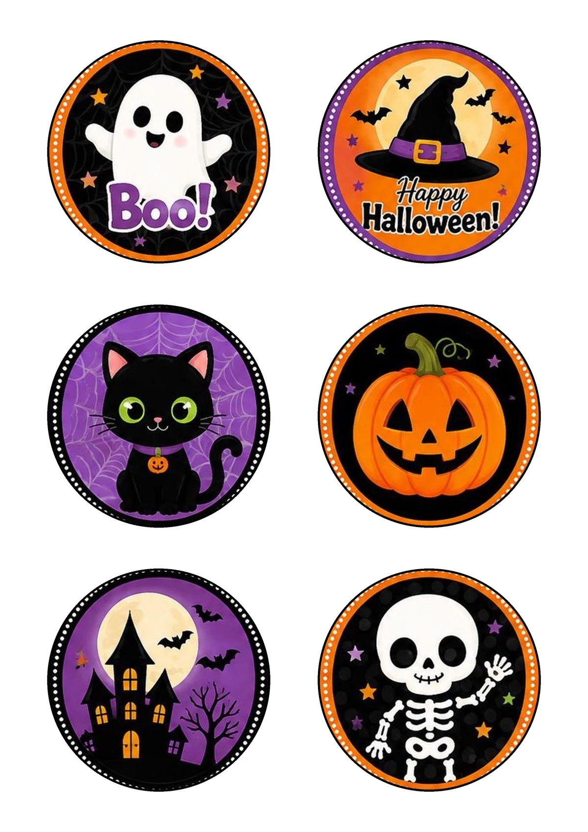6 círculos de papel de azúcar para cupcakes de Halloween con murciélagos, calaveras y casas encantadas.