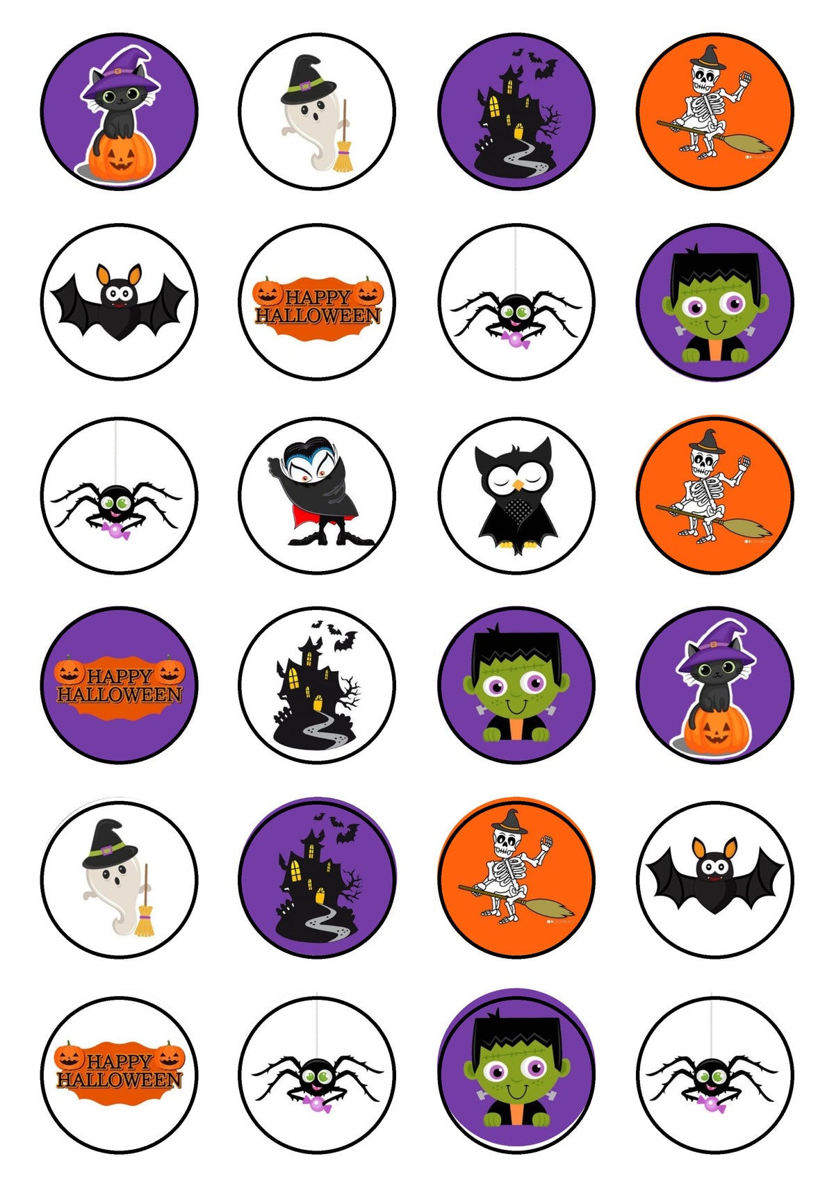 24 círculos comestibles de Halloween con calabazas, monstruos, calaveras y momias para decorar cupcakes y magdalenas.