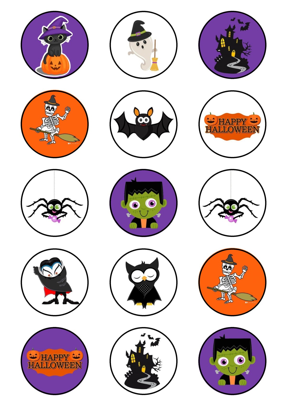 15 círculos de papel comestible para cupcakes de Halloween con calaveras, Frankenstein y calabazas.