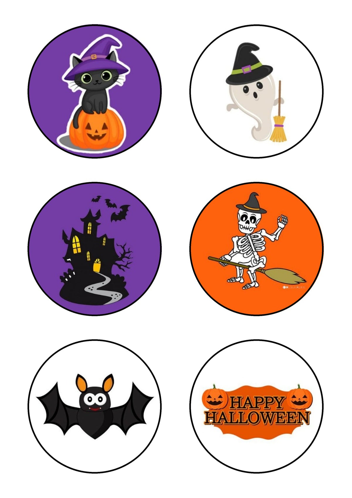 6 obleas redondas de Halloween con Frankenstein, calaveras, calabazas y gatos negros para cupcakes.