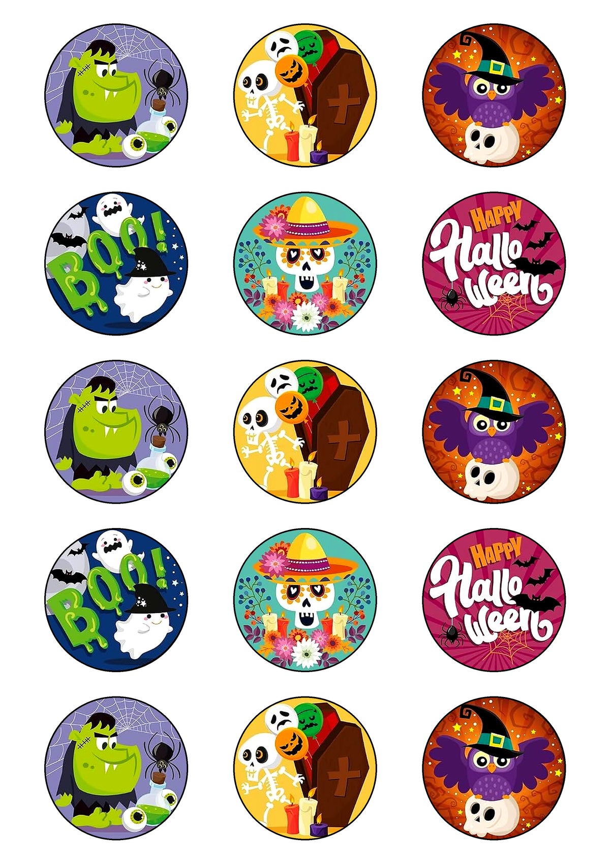 15 obleas redondas de Halloween con casas encantadas, calaveras y calabazas terroríficas para cupcakes.