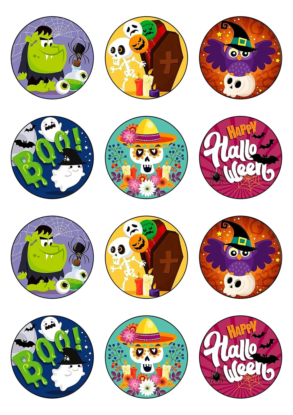 12 obleas redondas de Halloween con calaveras, casas encantadas y calabazas terroríficas para cupcakes.