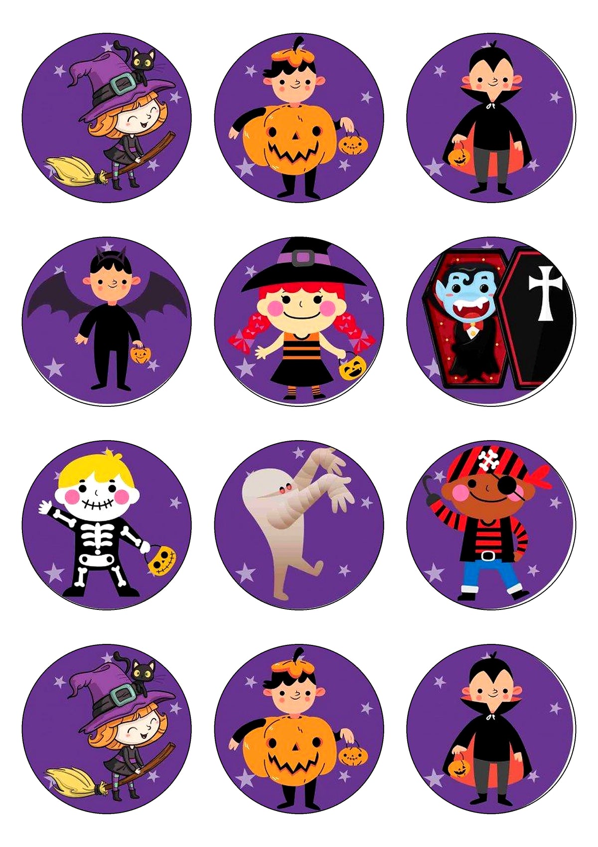 12 decoraciones redondas comestibles de Halloween con casas encantadas, calaveras y calabazas para magdalenas.