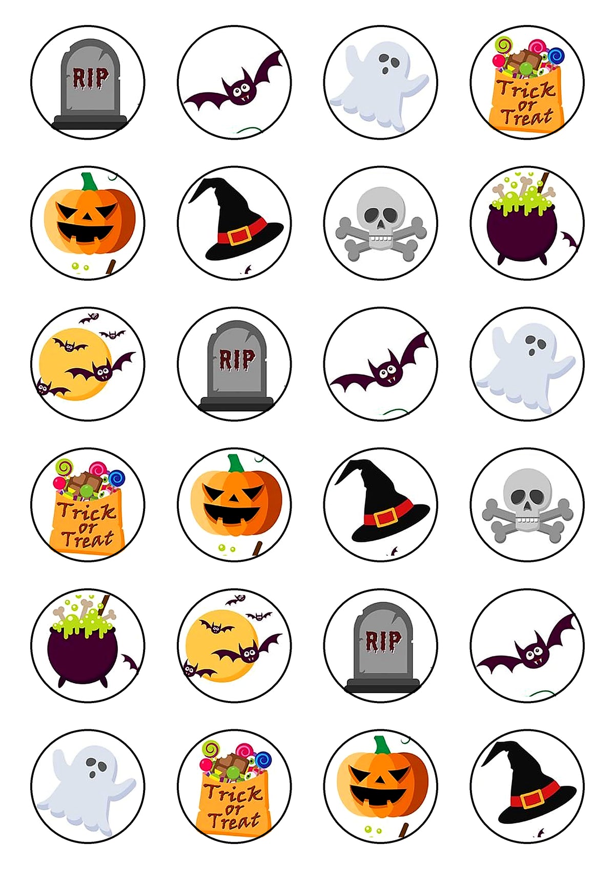 24 imágenes comestibles redondas de Halloween con diseños terroríficos para cupcakes y magdalenas.