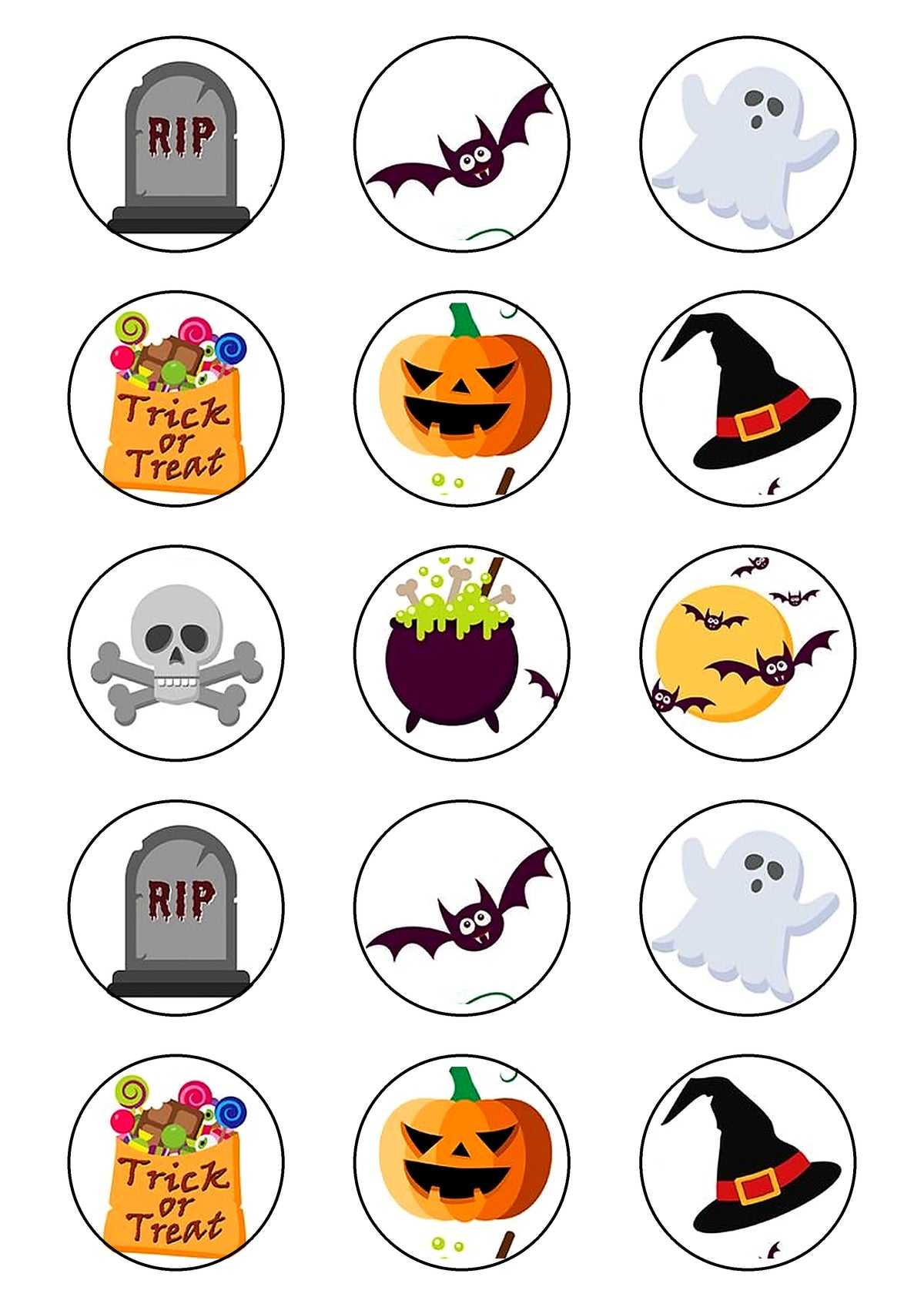 15 imágenes comestibles redondas de Halloween con dibujos terroríficos para decorar cupcakes y magdalenas.
