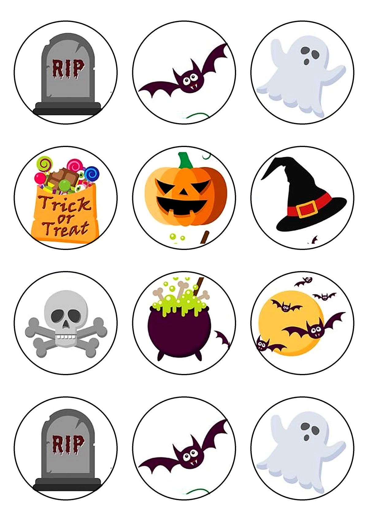 12 imágenes comestibles redondas de Halloween con dibujos terroríficos para cupcakes y magdalenas.