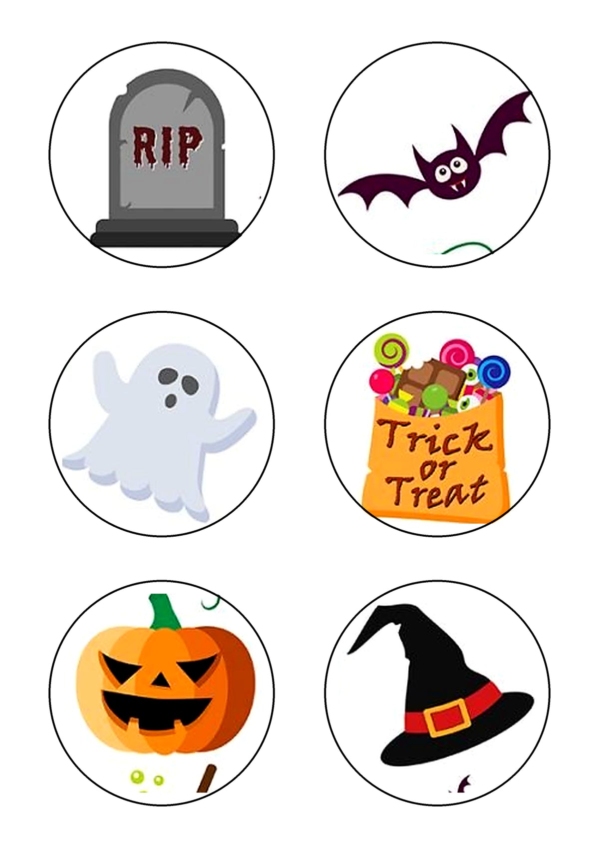 6 imágenes comestibles redondas de Halloween con dibujos terroríficos para cupcakes y magdalenas.