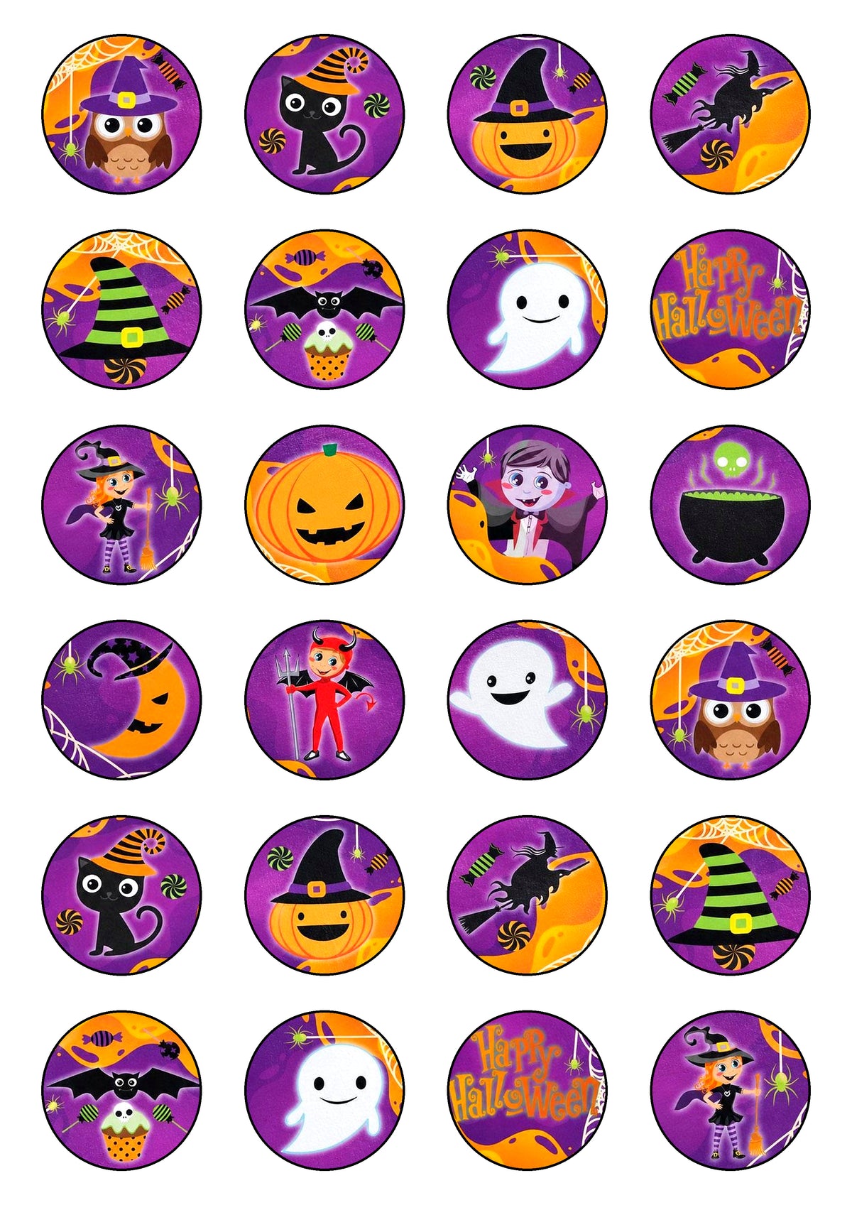 24 círculos de papel de azúcar para cupcakes de Halloween con murciélagos, calaveras y casas encantadas.