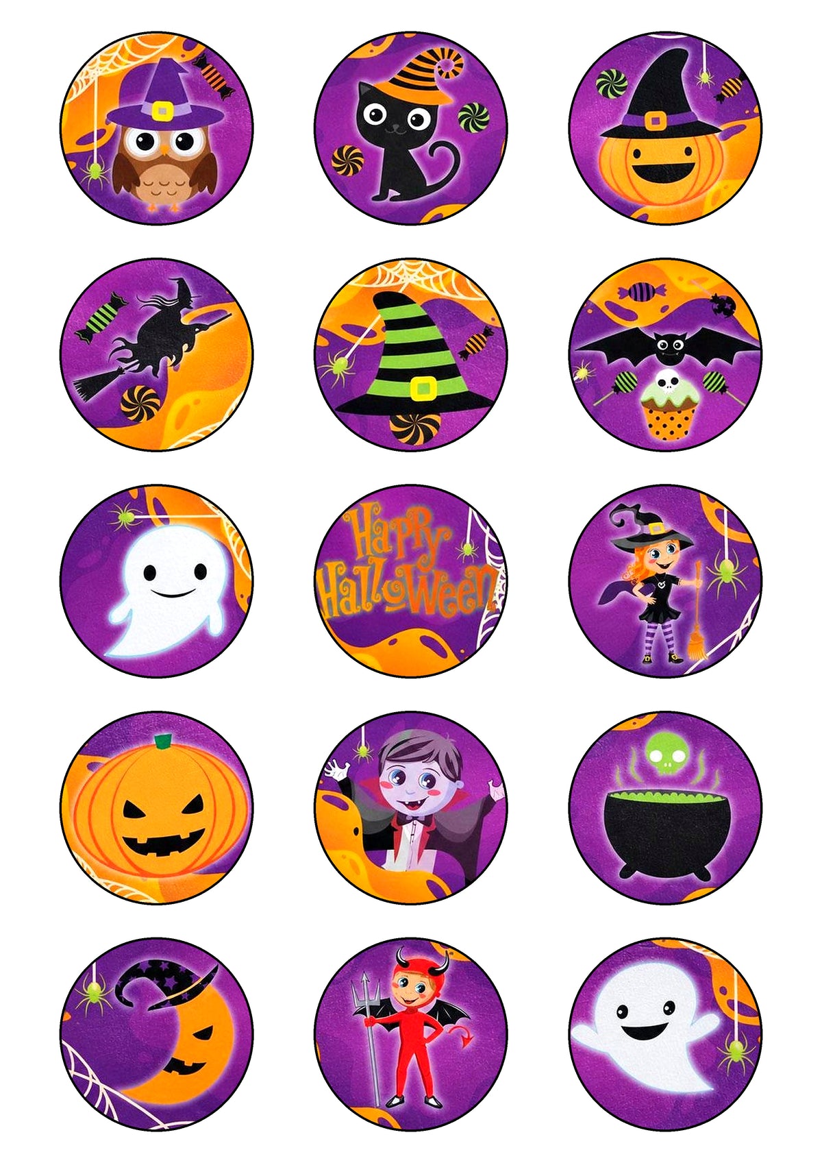 15 obleas comestibles de Halloween con diseños de momias, calaveras y calabazas para tartas y cupcakes.