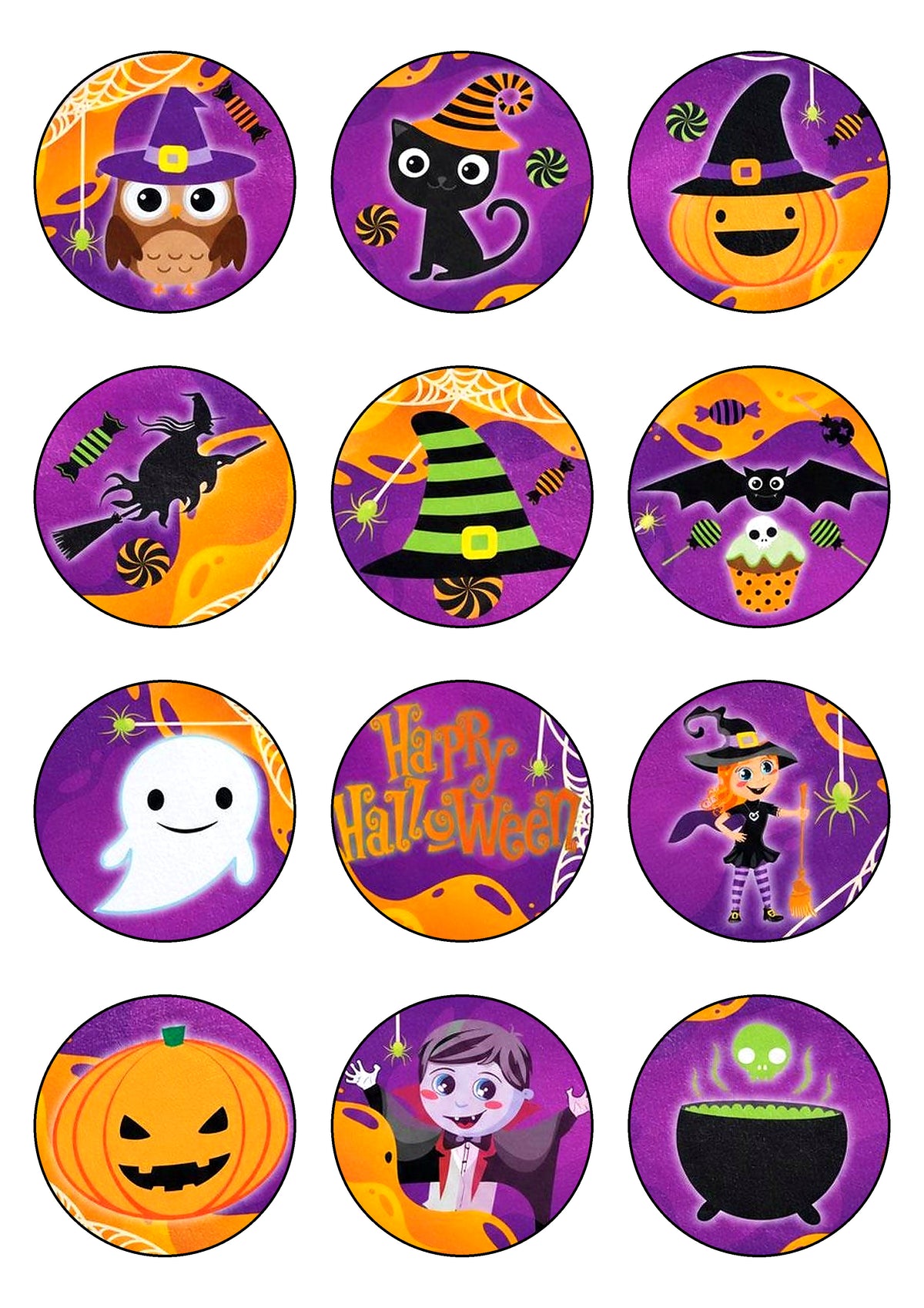 12 obleas comestibles de Halloween con diseños de calabazas, momias y arañas para decorar cupcakes.