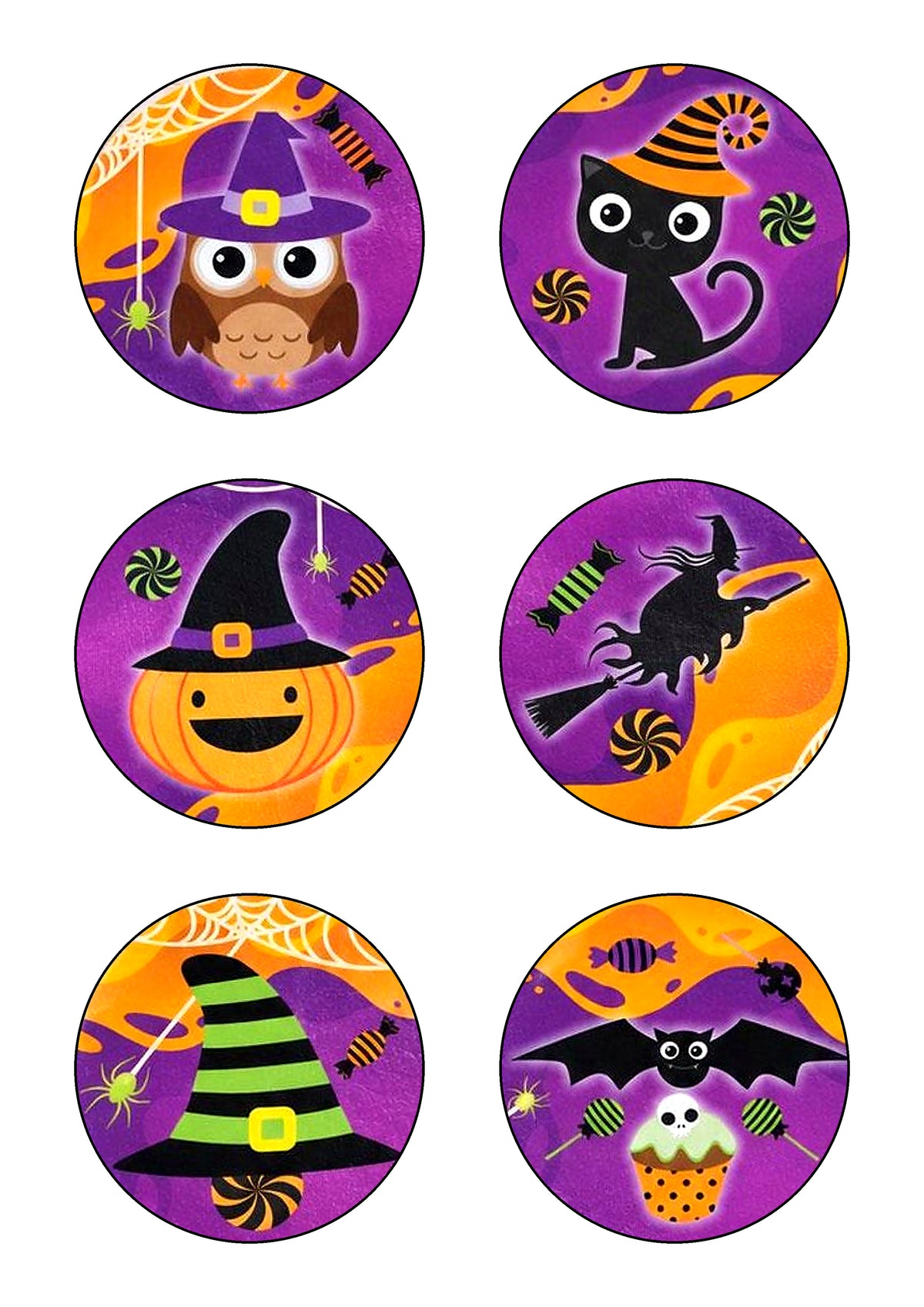 6 obleas comestibles de Halloween con diseños de calabazas, momias y arañas para decorar cupcakes.