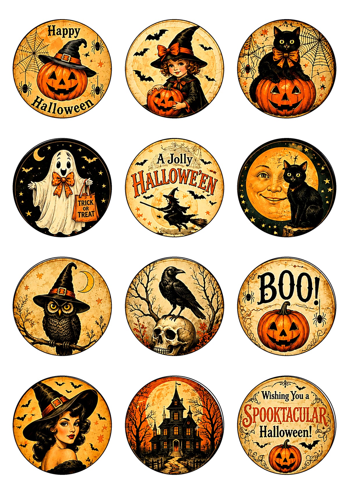 12 círculos para cupcakes de Halloween en papel de azúcar u oblea con calabazas, momias y murciélagos.