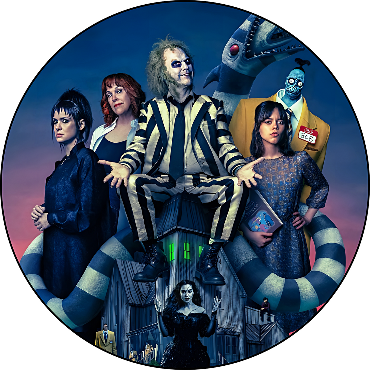 Imagen comestible de Beetlejuice (Bitelchús) en papel de azúcar u oblea para tartas y cupcakes de cumpleaños.