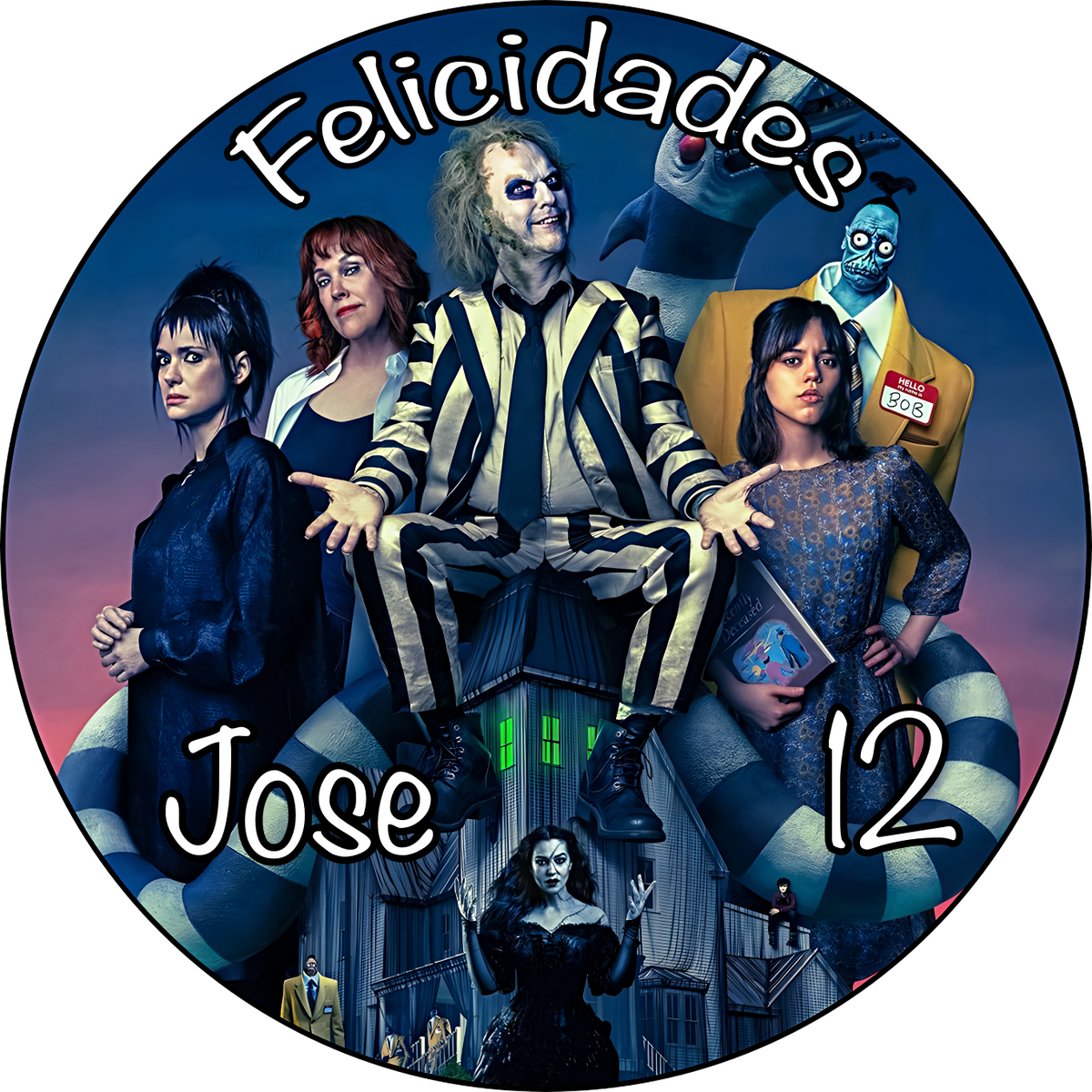 Decoración Comestible BEETLEJUICE para Tartas y Magdalenas – Personalizada con Foto y Texto