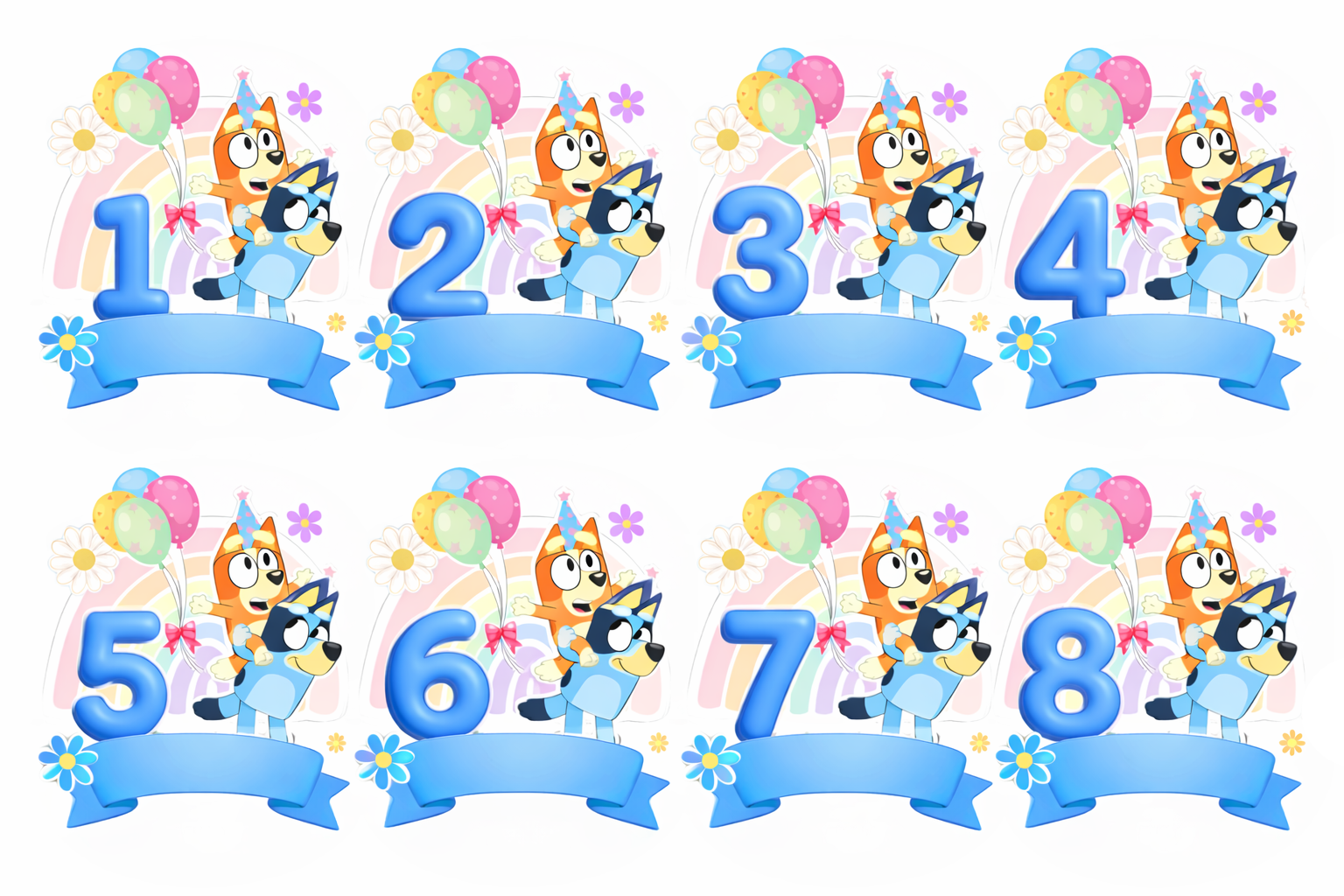 Imagen comestible para una tarta de BLUEY con la edad y una pancarta con el nombre - Rectangular