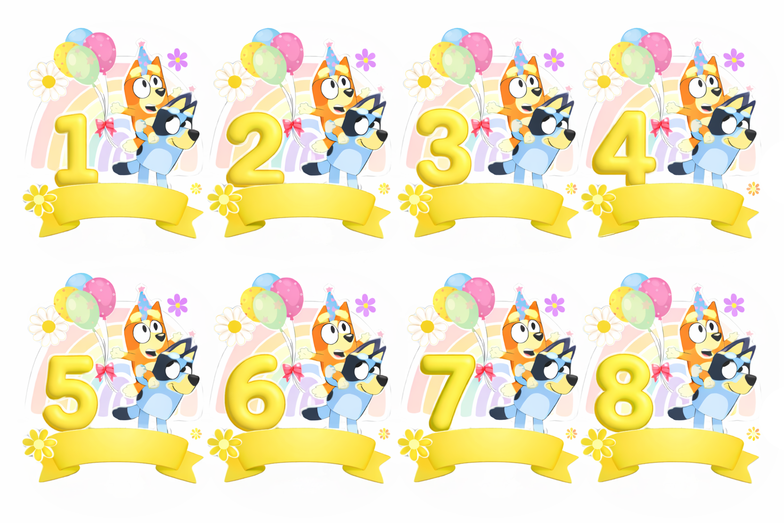 Imagen comestible para una tarta de BLUEY con la edad y una pancarta con el nombre - Rectangular