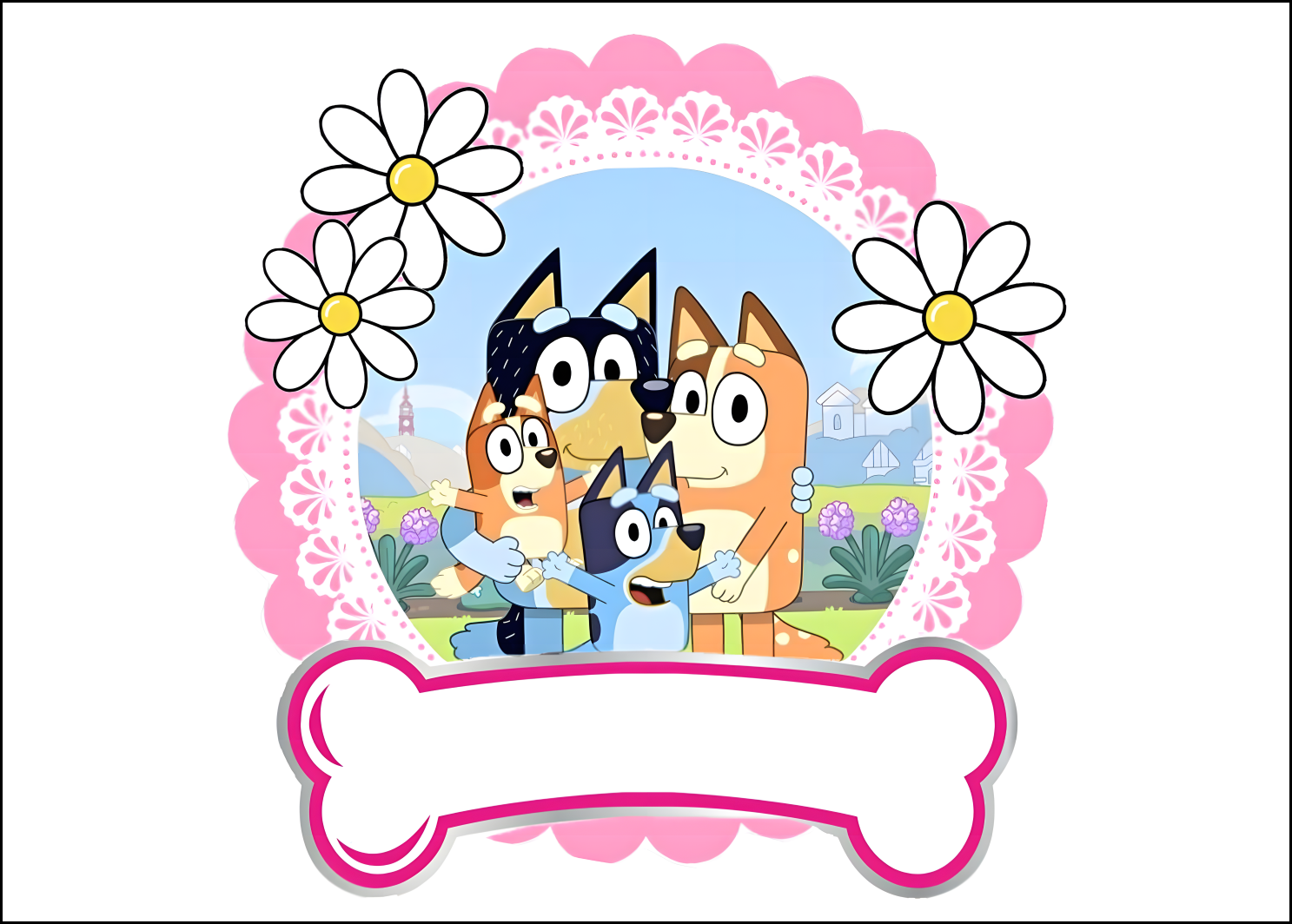 Oblea comestible personalizada BLUEY con tu nombre en el hueso para tarta de cumpleaños
