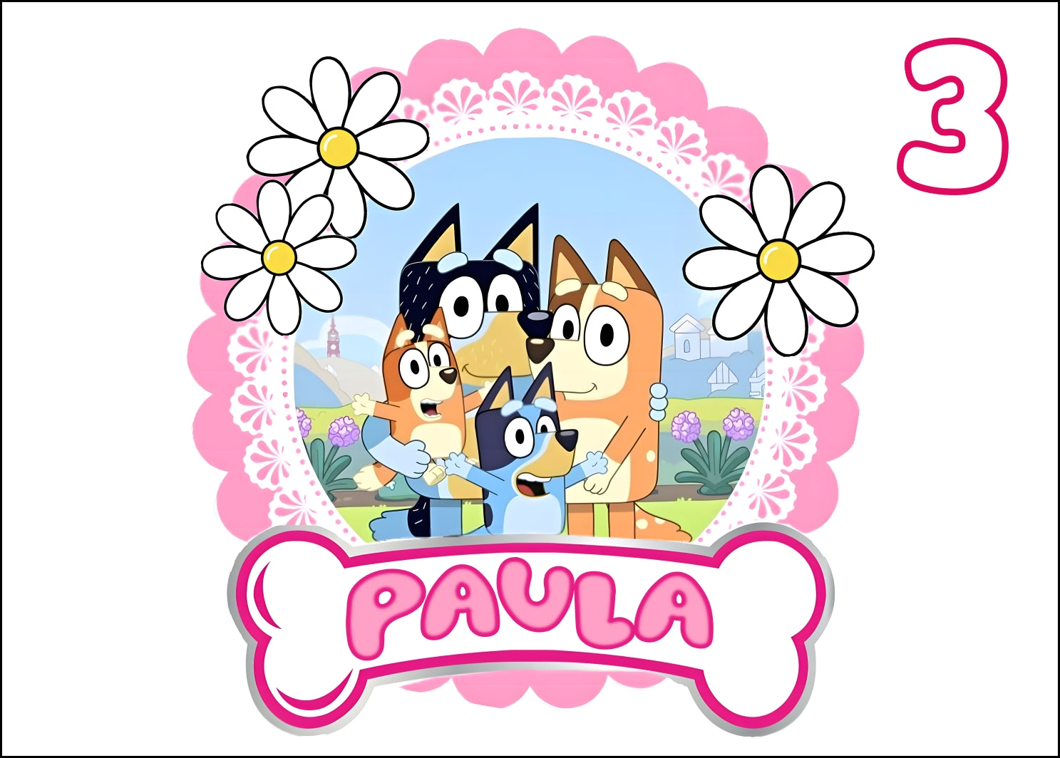 Oblea comestible personalizada BLUEY con tu nombre en el hueso para tarta de cumpleaños